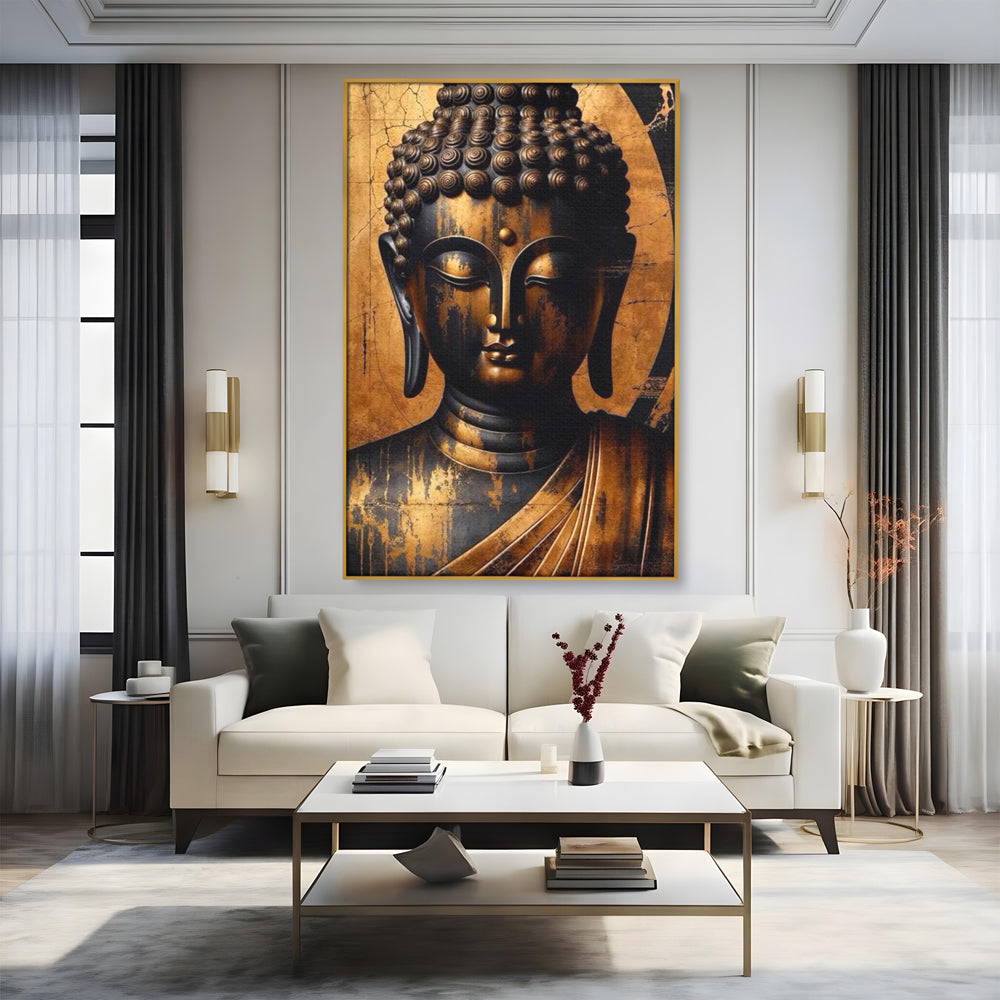 Tablou canvas cu tablou canvas cu capul lui buddha, in rama de aluminiu auriu, pe perete intr-un living